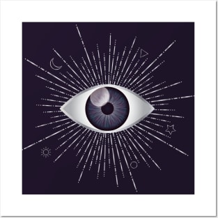 Violet Purple Evil Eye Silver Eyelashes Sun Moon Star Nazar Mati Talisman Posters and Art